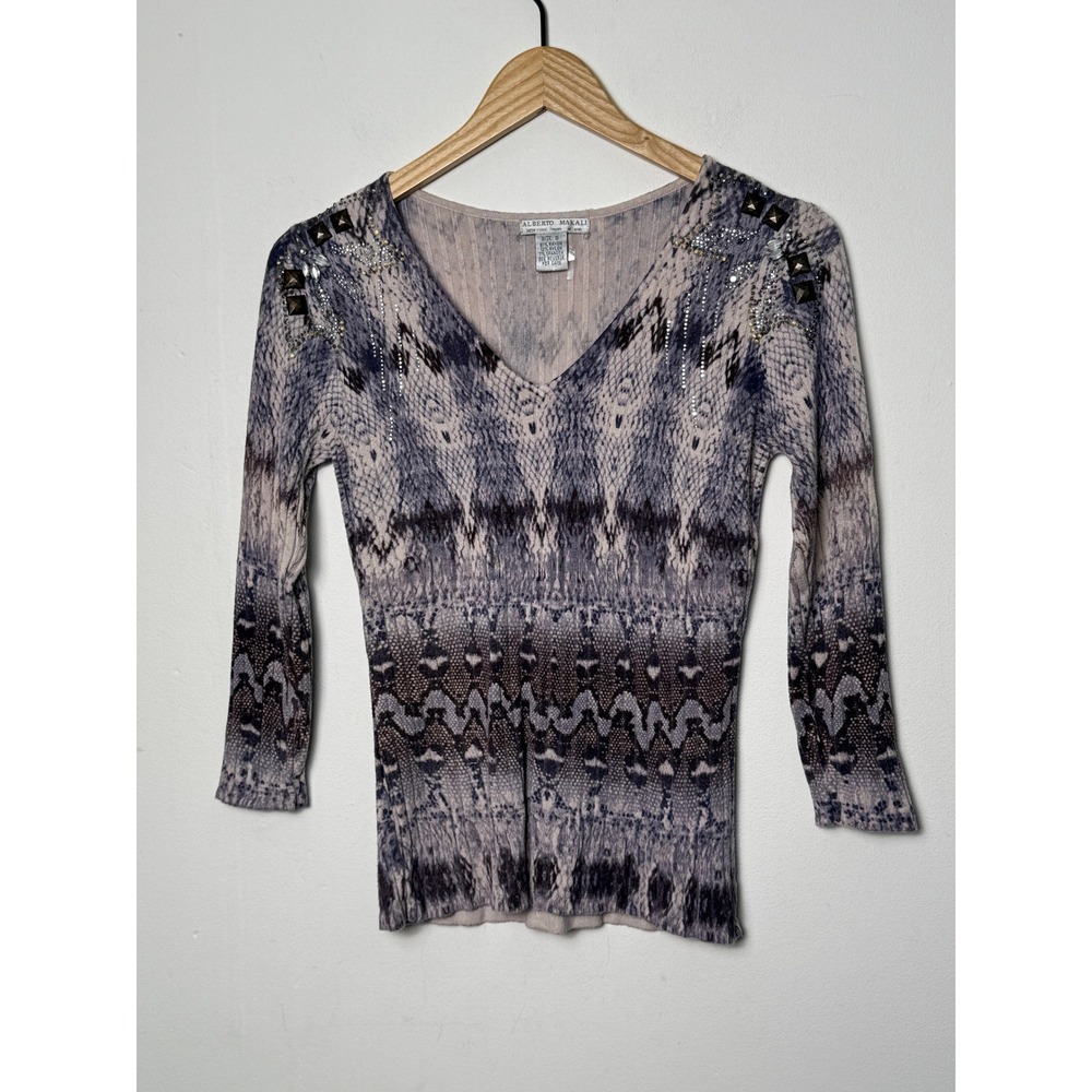 Alberto Makali Snakeskin Print Studded V-Neck Ribbed Knit Top Gray Purple Small